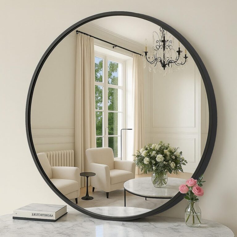 SONGMICS Bathroom Round Mirror for Wall, 24 Inches Black Circle MirrorMetal Frame,for Bathroom Over Sink, Living Room, Bedroom, Entryway, Hallway, Ink Black ULWM102B01