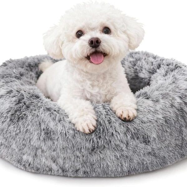 Calming Dog Bed for Small Dogs, Anti-Anxiety Donut Small Puppy Bed Washable, Fluffy Plush Faux Fur Large Cat Bed, Fits up to 20 lbs Pets (Dark Grey, 23")