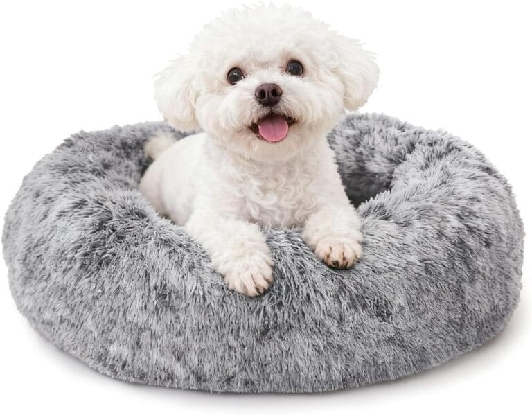 Calming Dog Bed for Small Dogs, Anti-Anxiety Donut Small Puppy Bed Washable, Fluffy Plush Faux Fur Large Cat Bed, Fits up to 20 lbs Pets (Dark Grey, 23")