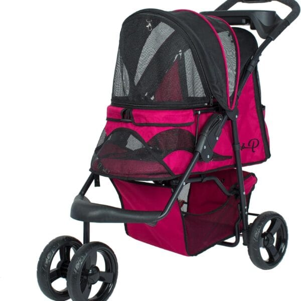 Petique Durable Pet Stroller, Easy Fold, Quality mesh Windows, Large Storage Basket, Secure Cup Holder Tray, for Small to Medium Dog, Cat, Bunny, Supports Pets up to 55LBS - RAZZBERRY