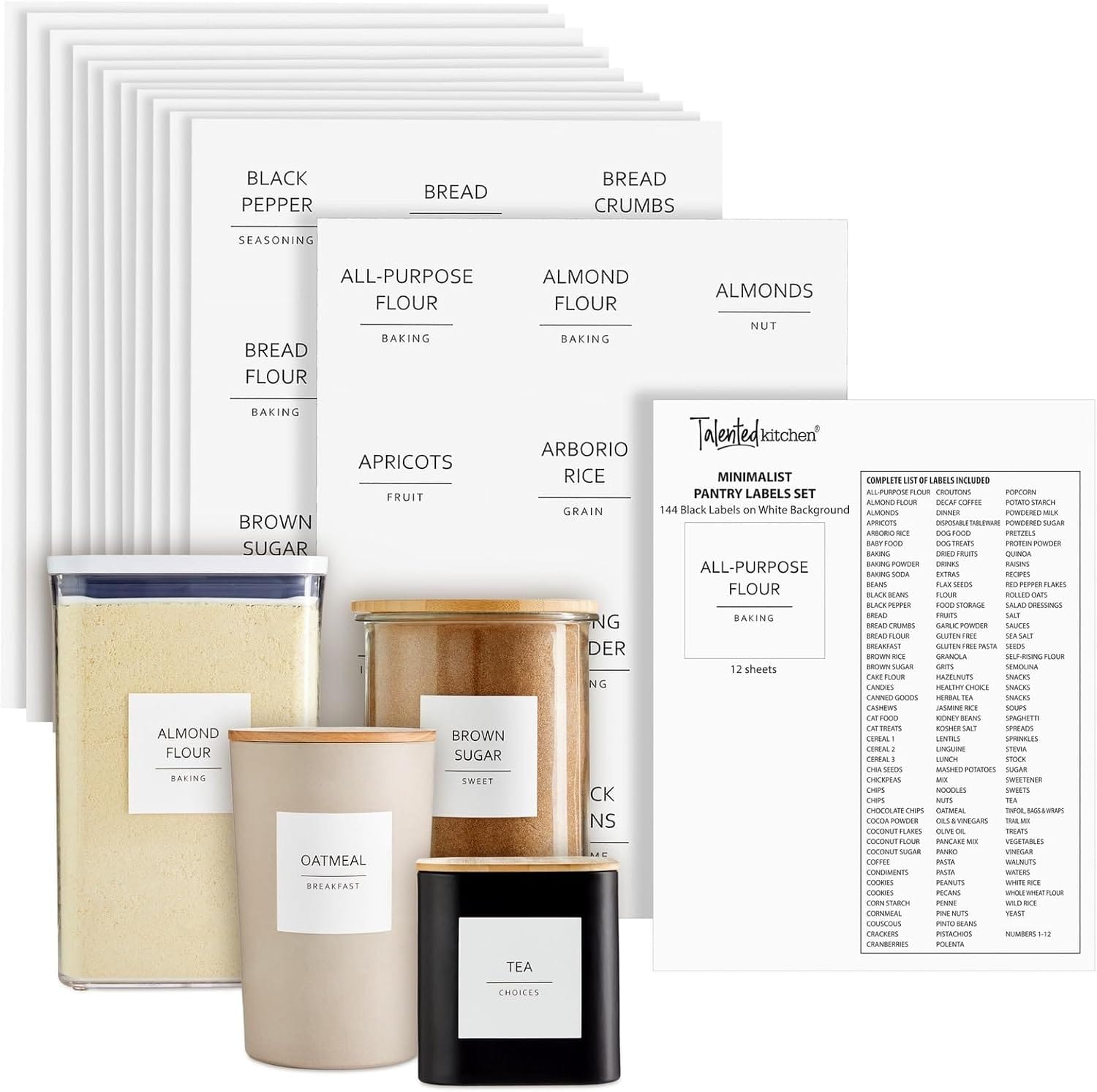 Talented Kitchen Pantry Labels for Containers - 144 Matte Vinyl Stickers, 2.5 x 2.5 in, Black on White, Water Resistant - Food Labels & Ingredient Stickers for Spice Jars & Baking Organization Talented Kitchen Pantry Labels for Containers - 144 Matte Vinyl Stickers, 2.5 x 2.5 in, Black on White, Water Resistant - Food Labels & Ingredient Stickers for Spice Jars & Baking Organization