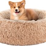 DUMOS Calming Donut Dog Bed for Small Dogs, Machine Washable Cuddle Warming Cozy Fluffy Faux Fur Plush Round Dog Bed, Anti-Anxiety Waterproof Anti-Slip Pet Bed, 20 inches