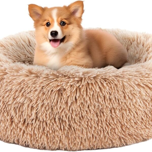 DUMOS Calming Donut Dog Bed for Small Dogs, Machine Washable Cuddle Warming Cozy Fluffy Faux Fur Plush Round Dog Bed, Anti-Anxiety Waterproof Anti-Slip Pet Bed, 20 inches
