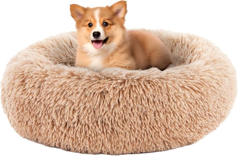 DUMOS Calming Donut Dog Bed for Small Dogs, Machine Washable Cuddle Warming Cozy Fluffy Faux Fur Plush Round Dog Bed, Anti-Anxiety Waterproof Anti-Slip Pet Bed, 20 inches
