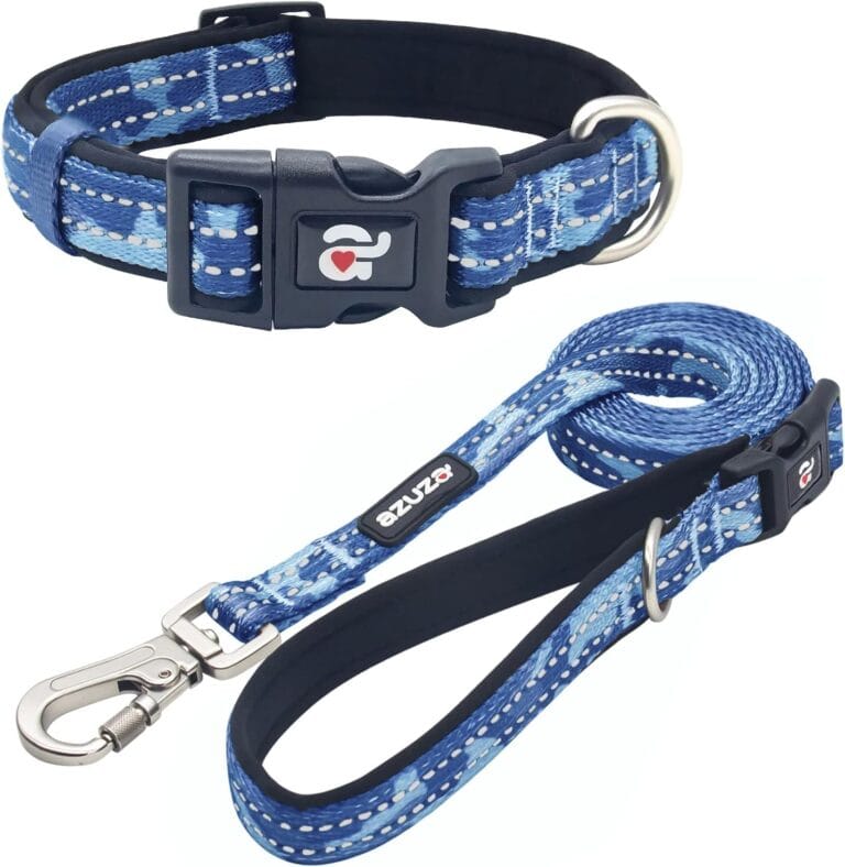 azuza Reflective Dog Collar and Leash Set Blue Camo Padded Collar with Matching Clip Handle Leash for Small Dogs