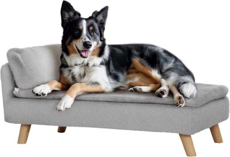PawHut Dog Sofa Bed, Elevated Pet Sofa with Foam Cushion, Soft Pillow, Removable & Washable Covers, with Non-Slip Foot Pads, Cat Couch for Medium Dogs, Light Gray