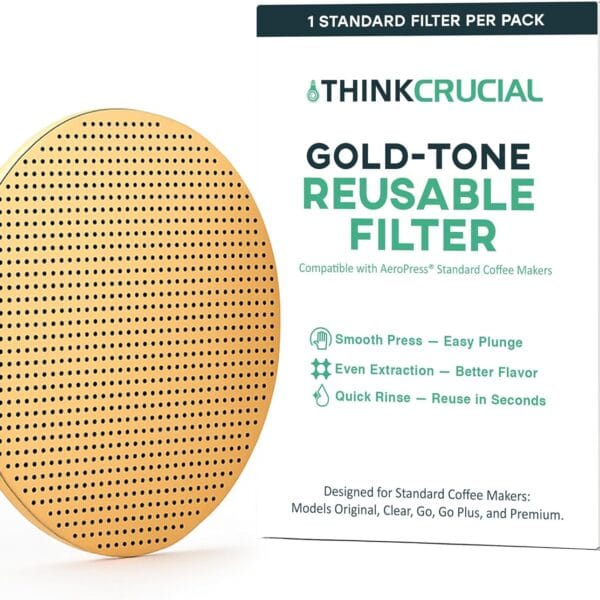 Gold Reusable Disc Filter Compatible with AeroPress STANDARD Coffee Makers  Fits Original, Clear, Premium, Go & Go Plus  Titanium-Coated Stainless Steel, Washable, Eco-Friendly - By Think Crucial