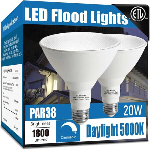 Par38 led Flood Lights Outdoor Light Bulb,Dimmable 1800LM,20W Replace up to 200W,Outdoor Flood Light Bulbs for Backyard,Garage,Porch,Garden,2 Pack 5000K Daylight