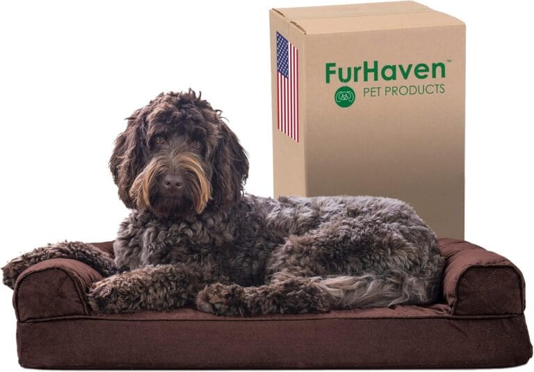 Furhaven Memory Foam Dog Bed for Medium/Small Dogs w/ Removable Bolsters & Washable Cover, For Dogs Up to 35 lbs - Quilted Sofa - Coffee, Medium