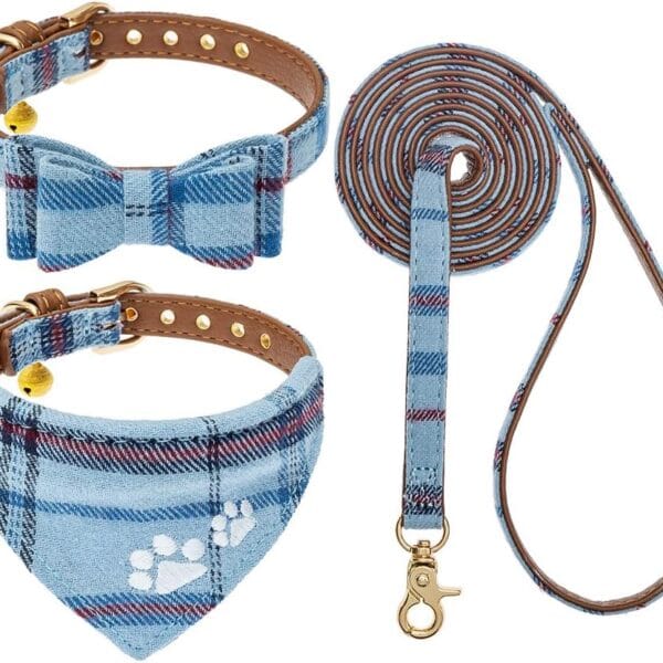 EXPAWLORER Puppy Collar and Leash Set - Embroidery Pawprints Plaid Dog Collar and Dog Leash Set, Bow Tie and Bandana Dog Collar with Bell, Cute Collar and Leash for Dogs Cats Outdoor Walking, Blue S