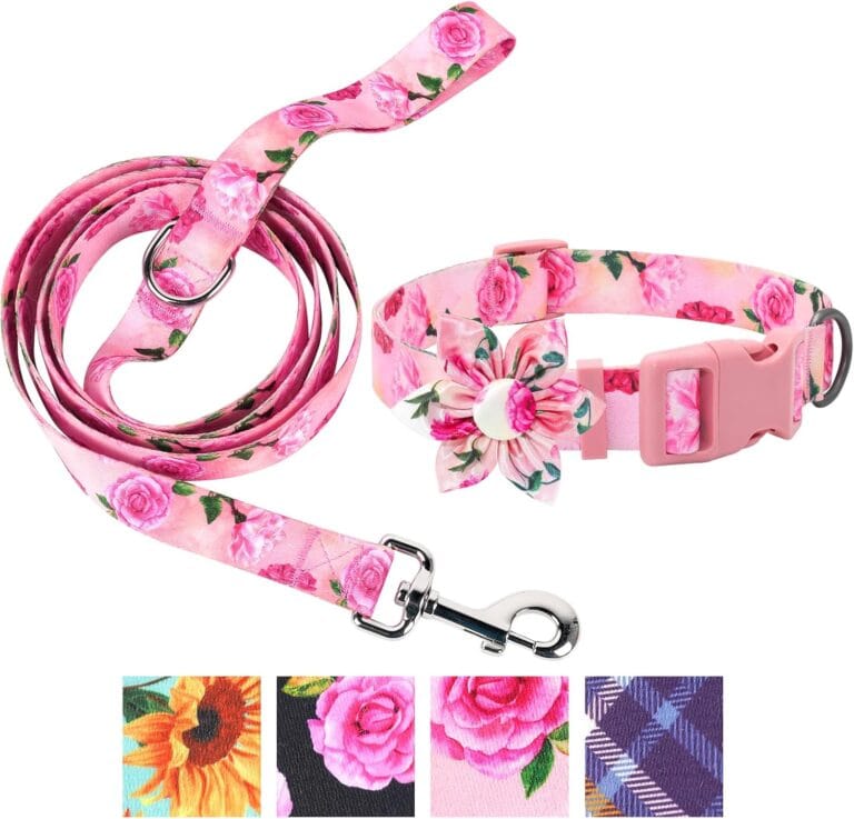 DQGHQME Dog Collar and Leash Set Girls 4ft/Foot Pink Dog Leash and Collar Adjustable Dog Harness and Leash Set Puppy Collars with Beautiful Floral Bow Tie for Small Medium Large Female Dogs,Rose Pink