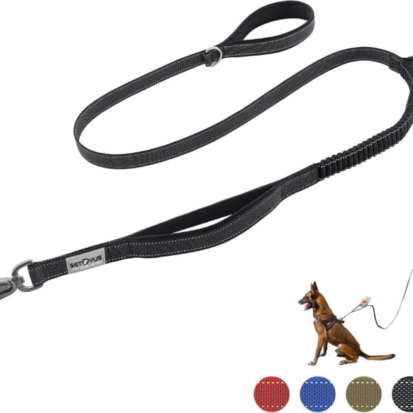 Double Handle Dog Leash, Heavy Duty 4-6FT Reflective Tactical Leash, Shock Absorbing Bungee with 2 Padded Handles, Car Seatbelt & Easy Snap Hook, for Large, Medium, Small Dogs