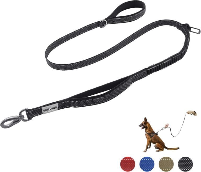 Double Handle Dog Leash, Heavy Duty 4-6FT Reflective Tactical Leash, Shock Absorbing Bungee with 2 Padded Handles, Car Seatbelt & Easy Snap Hook, for Large, Medium, Small Dogs