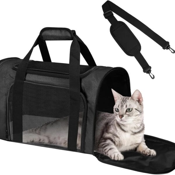 Cat Carrier Soft for Pets Up to 15 Lbs, Cat Travel Bag Soft-Sided with Padded Shoulder Strap, Pet Dog Carriers for Small Dogs Travel Puppy Carry Airline Approved, Black