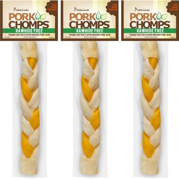 Pork Chomps Roasted Pork Skin Dog Chew, 8-inch Braid, Peanut Butter Flavor, 1 Count (Pack of 3)