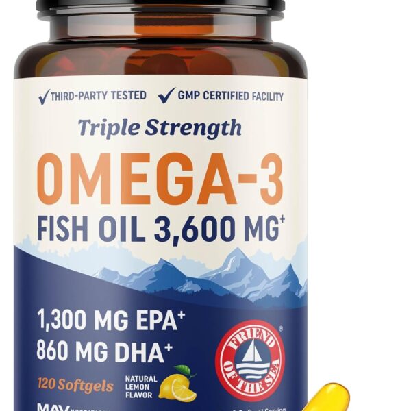 Triple Strength DHA Omega 3 Fish Oil 3600 mg | Over 2100mg Omega-3 Fatty Acids with 860mg of DHA | 1300mg EPA | Best Essential Fatty Acids | Premium Wild Caught & Burpless Fish Oil | 120 ct.