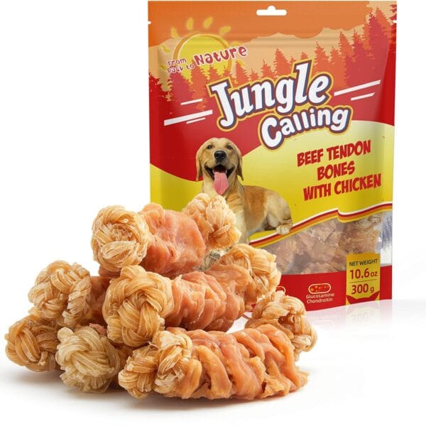 Jungle Calling Beef Tendons for Dogs, Chicken Wrapped Tendons Dog Chews Long Lasting Hip and Joint Supplement for Dogs with Glucosamine (Knotted Bone)