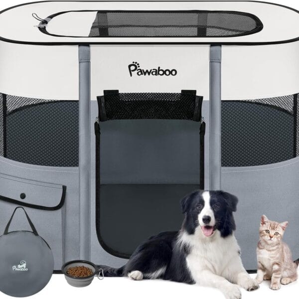 Dog Playpen, Portable Pet Playpen Cat PlayPen, 600D Oxford Dog Kennel Tent Crate, Waterproof&Breathable, Indoor Outdoor Travel Camping Use for Medium/Large Breed with Carrying Case+Folding Bowl,M,Gray