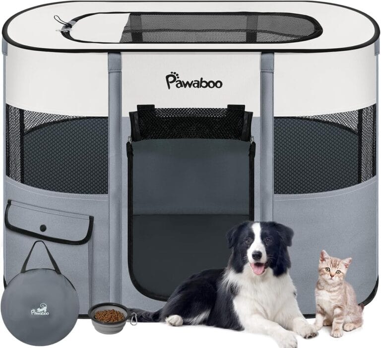 Dog Playpen, Portable Pet Playpen Cat PlayPen, 600D Oxford Dog Kennel Tent Crate, Waterproof&Breathable, Indoor Outdoor Travel Camping Use for Medium/Large Breed with Carrying Case+Folding Bowl,M,Gray