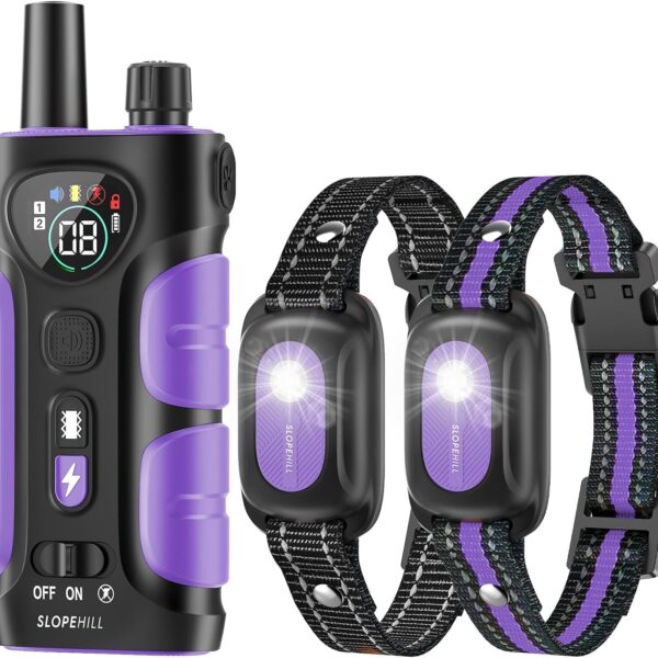 SLOPEHILL Dog Shock Collar,4200FT Dog Training Collar with Remote,IPX8 Waterproof E-Collar with Beep,Vibration,Shock,Flashing Light,No Shock Model,Electric Shock Collar for Dogs,Purple 2PCS
