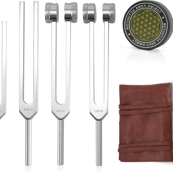 Tuning Forks for Healing Set  Includes 128Hz, 136Hz, 256Hz, 384Hz & Activator, Portable in Red Leather Pouch  Medical Grade Sound Healing Instruments for Chakra, Yoga, and Meditation
