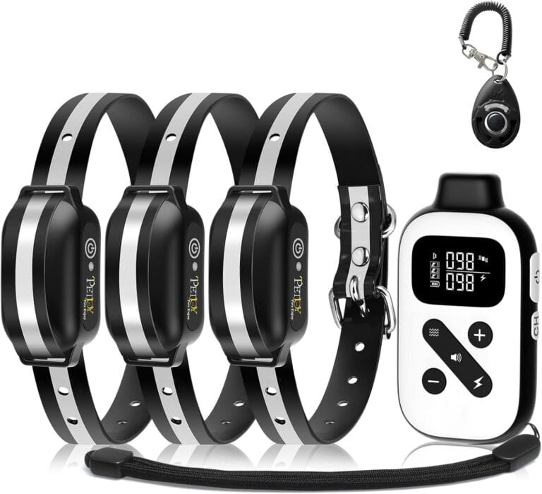 PetJoy 3 Dog Shock Collar for Large Dogs, Automatic Bark Collar with Remote, Bark and Training Collar Combo, Shock Collar with 5 Adjustable Levels of Sensitivity to Suit All Breeds of Dogs