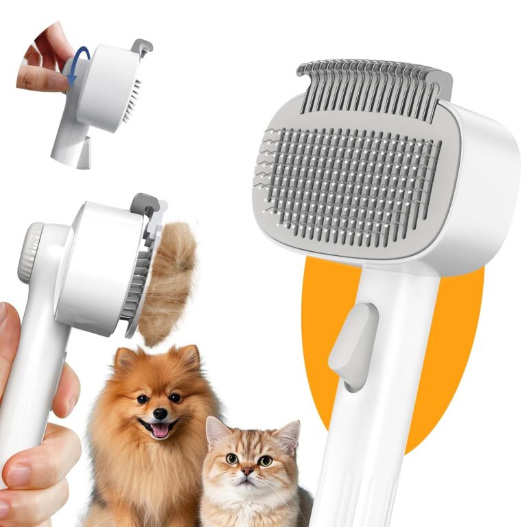 Dog & Cat Brush for Shedding, Self Cleaning Deshedding Brush with Adjustable Bristle Length & Dematting Comb, Skin Friendly Grooming Tool for Long & Medium-Long Hair Pets
