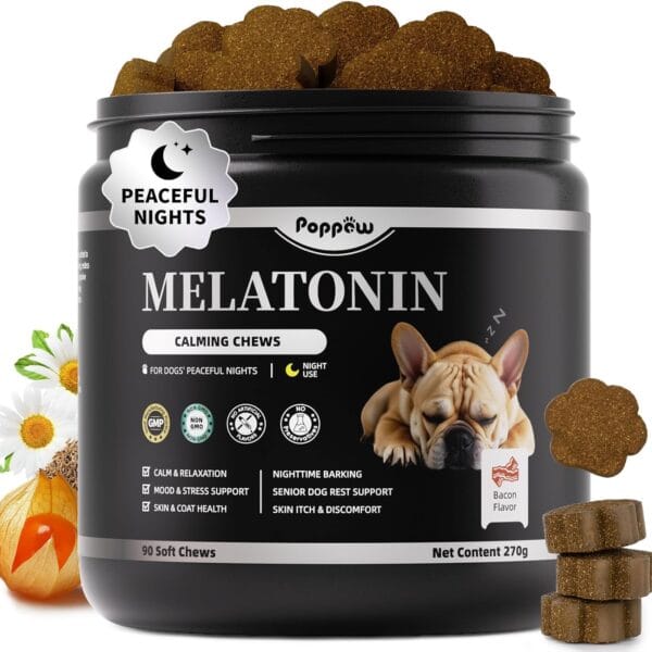 Melatonin for Dogs, Calming Chews with Valerian Root & L-Theanine for Sleep Aid & Emotional Support, Calming Treats for Stress Anxiety Relief - Thunder, Fireworks, Barking, Bacon Flavor, 90Ct
