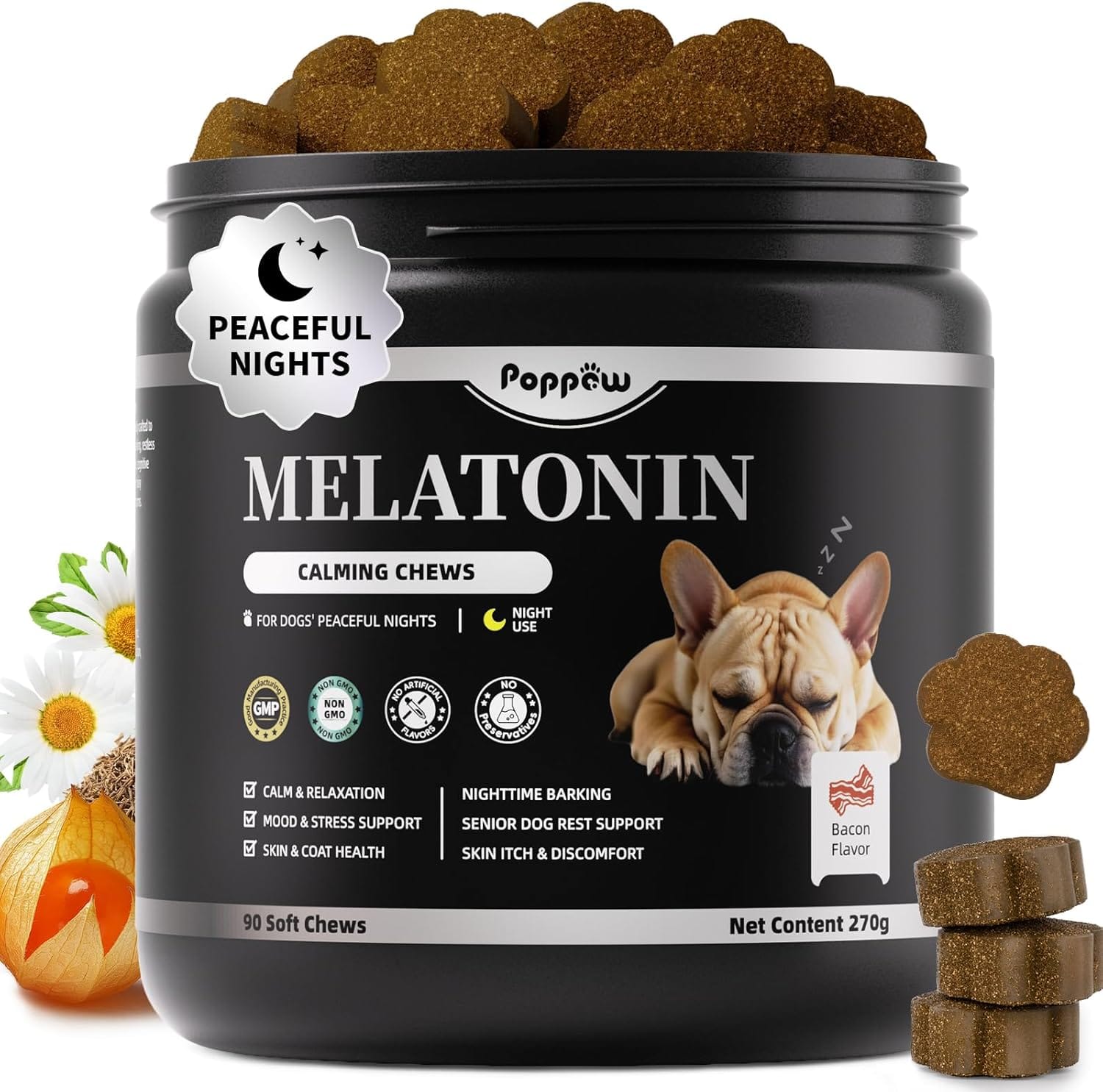 Melatonin for Dogs, Calming Chews with Valerian Root & L-Theanine for Sleep Aid & Emotional Support, Calming Treats for Stress Anxiety Relief - Thunder, Fireworks, Barking, Bacon Flavor, 90Ct Melatonin for Dogs, Calming Chews with Valerian Root & L-Theanine for Sleep Aid & Emotional Support, Calming Treats for Stress Anxiety Relief - Thunder, Fireworks, Barking, Bacon Flavor, 90Ct