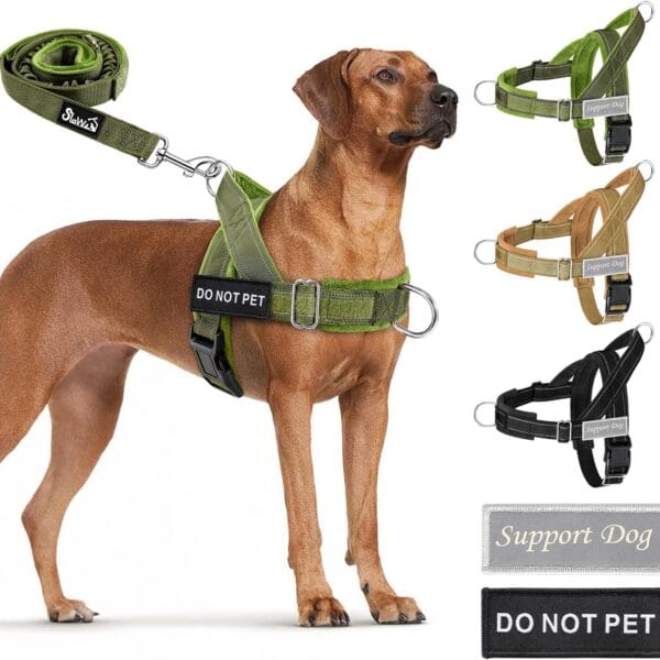 SlowTon No Pull Dog Harness - Heavy Duty Dog Harness and Leash Set for Medium Large Dogs, Reflective Tactical Harness with Soft Padded and Front Clip for Easy Walk and Training (Green L)