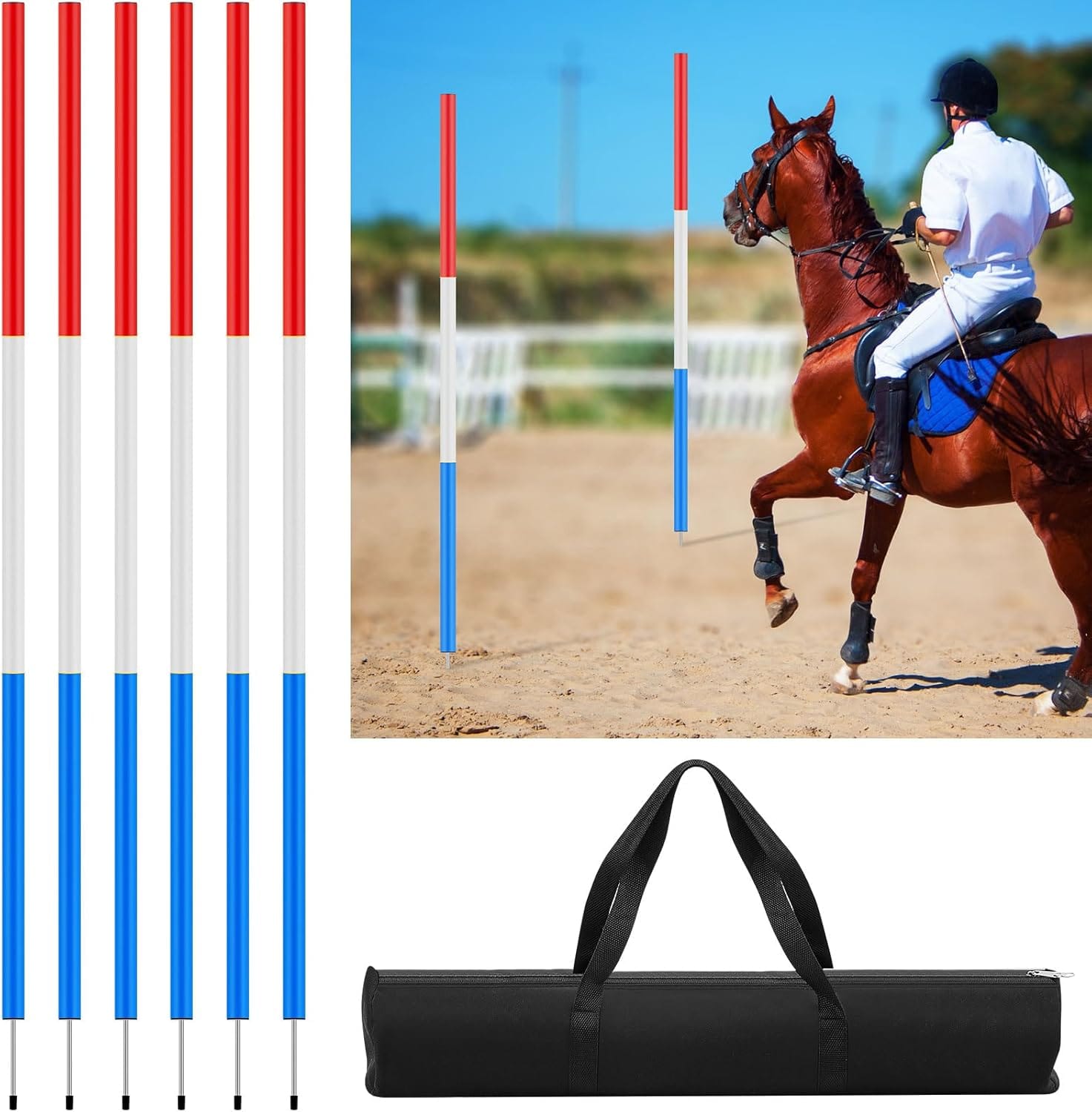 6 Pcs Pole Bending Poles for Horses with Bag, 6FT Horse Training Agility Poles Adjustable Training Equipment for Dog, Red White Blue 6 Pcs Pole Bending Poles for Horses with Bag, 6FT Horse Training Agility Poles Adjustable Training Equipment for Dog, Red White Blue