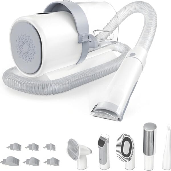 DUMOS 5-in-1 Cordless Pet Grooming Vacuum Kit - Ultra-Quiet Clippers, 2.5L XL Dust Cup, 3 Suction Modes & 5 Pro Tools for Dogs/Cats | Tangle-Free Grooming, All-in-One Cleaning (White)