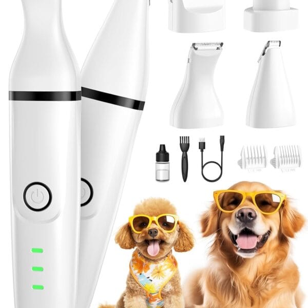 oneisall 4-in-1 Cordless Dog Grooming Kit with 2-Speed Clippers, Low Noise Paw Trimmer & Rechargeable Quiet Nail Grinder for Dogs and Cats (White)