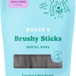 Bocces Bakery Dailies Brushy Sticks to Support Oral Health & Fresh Breath, Wheat-Free Dental Bars for Dogs, Made with Real Ingredients, Baked in the USA, All-Natural Coconut & Mint Recipe, Small Dogs