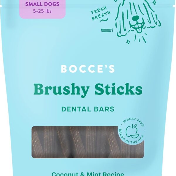 Bocces Bakery Dailies Brushy Sticks to Support Oral Health & Fresh Breath, Wheat-Free Dental Bars for Dogs, Made with Real Ingredients, Baked in the USA, All-Natural Coconut & Mint Recipe, Small Dogs