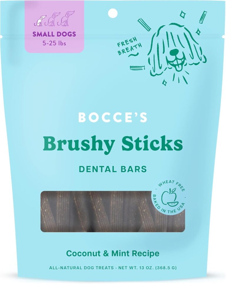 Bocces Bakery Dailies Brushy Sticks to Support Oral Health & Fresh Breath, Wheat-Free Dental Bars for Dogs, Made with Real Ingredients, Baked in the USA, All-Natural Coconut & Mint Recipe, Small Dogs
