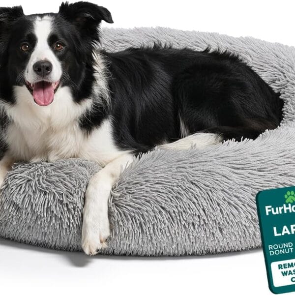 FurHaven 36" Calming Donut Dog Bed for Large Dogs, Round Plush Donut Design with Soft Filling for Snuggling Comfort, Removable Washable Cover, Large, Shaggy Faux Fur, Mist Gray