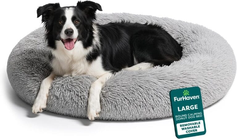 FurHaven 36" Calming Donut Dog Bed for Large Dogs, Round Plush Donut Design with Soft Filling for Snuggling Comfort, Removable Washable Cover, Large, Shaggy Faux Fur, Mist Gray