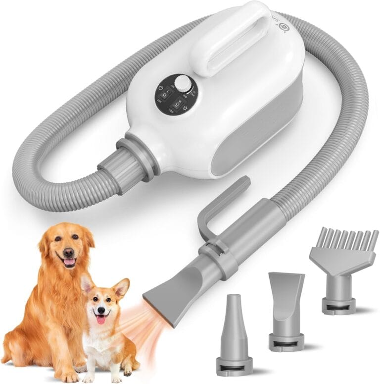 SISIGAD Dog Hair Dryer, Dog Dryer for Pet Grooming, Adjustable Speed and Temperature, 3 Different Nozzles Suitable for All Kinds of Pets (White)