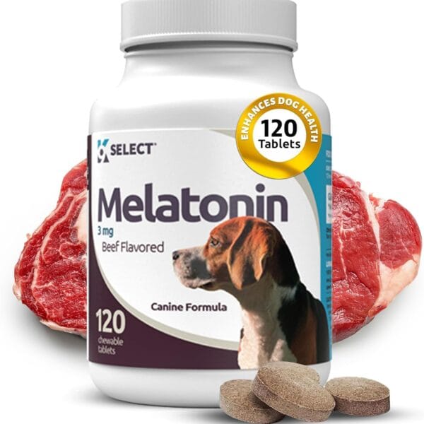 K9 Select Melatonin for Dogs - Composure Dog Calming Chews - Dog Melatonin for Sleep - Reduce Stress Helps Composure Calming Treats for Small Dogs - 3 mg, 120 Beef Flavored Chewable Tablets