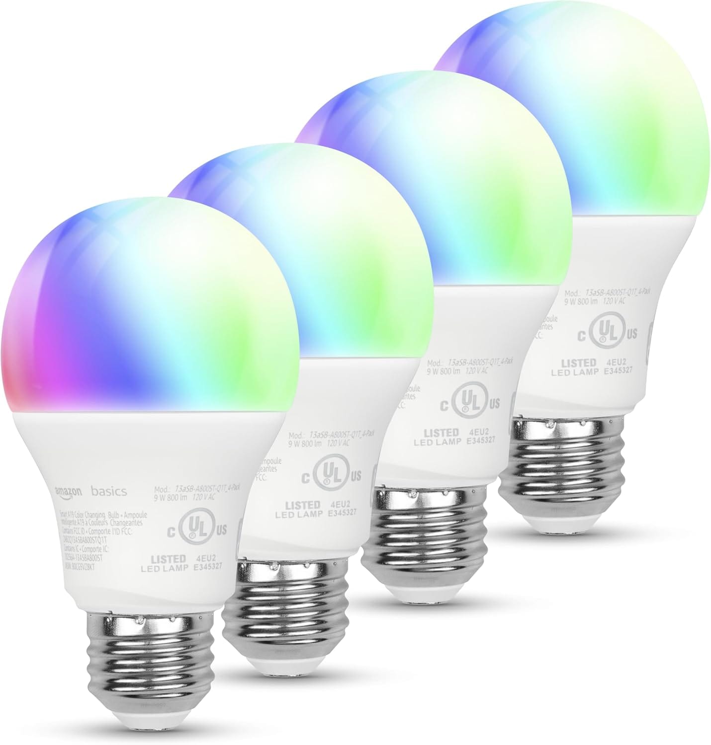 Amazon Basics Smart A19 LED Light Bulb, Color Changing, 9W (60W Equivalent), 800LM, Works with Alexa Only, 2.4 GHz Wi-Fi, No Hub Required, 4 Pack Amazon Basics Smart A19 LED Light Bulb, Color Changing, 9W (60W Equivalent), 800LM, Works with Alexa Only, 2.4 GHz Wi-Fi, No Hub Required, 4 Pack