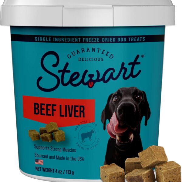 Stewart Beef Liver Dog Treats, 4 oz, ~90 Pieces, Freeze Dried Raw, Single Ingredient, 50% Protein Training Treats or Meal Topper in a Resealable Tub, Grain Free, Gluten Free