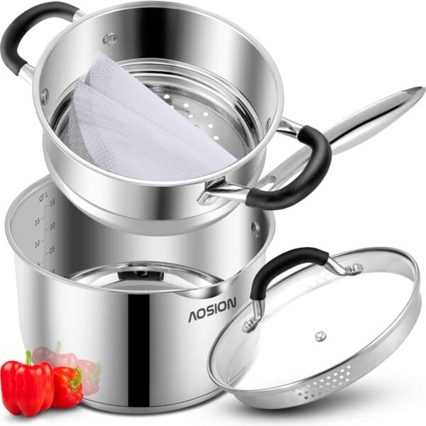 AOSION 3.5 Quart Stainless Steel Saucepan with Steamer Basket,Tri-ply Full Body Steamer Pan,Two Side Spouts for Easy Pour with Ergonomic Handle,Perfect for Vegetables,Boiling,Pasta,Noodles