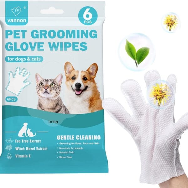 Vannon Extra Thick Pet Bathing Wipes for Dogs & Cats, Cleaning & Odor-Controlling Grooming Gloves, Nourish Fur Glove Wipes for Daily Care and Traveling, Rinse Free, Unscented, 6 PCS