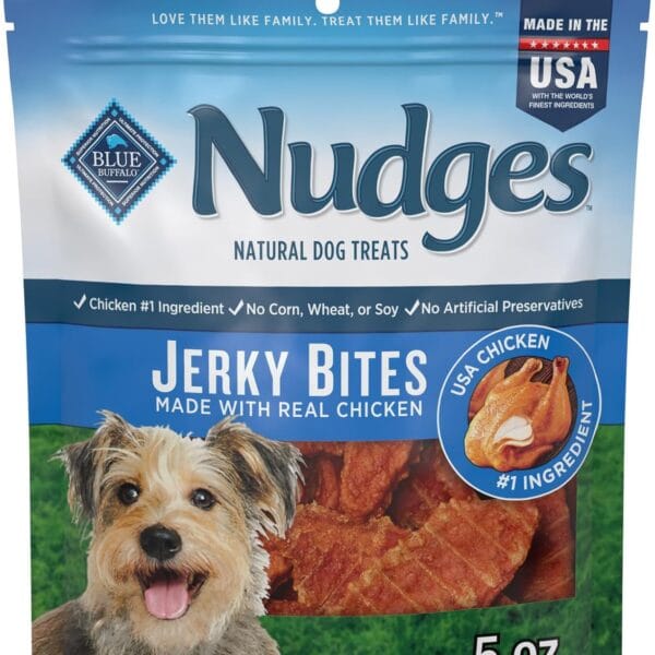 Blue Buffalo Nudges Jerky Bites Dog Treats, Made in the USA with Natural Ingredients, Bite-Sized Pieces, Chicken, 5-oz Bag
