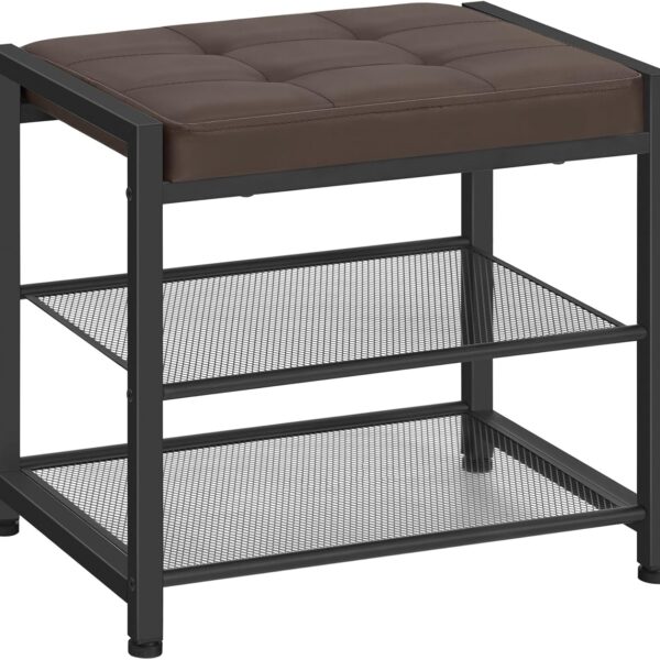 HOOBRO Small Shoe Bench, 3-Tier Shoe Rack, Shoe Storage Bench with PU Seat Cushion, Entryway Shoe Rack Bench with Metal Mesh Shelves, Freestanding Shoe Organizer for Hallway, Brown CB33HX01