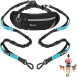 Hands Free Dog Leash for 2 Dogs, Adjustable Waist Belt with Zipper Pouch, Dual Handle Retractable Elastic Bungee with Reflective Stitches for Medium and Large Dogs Training Running