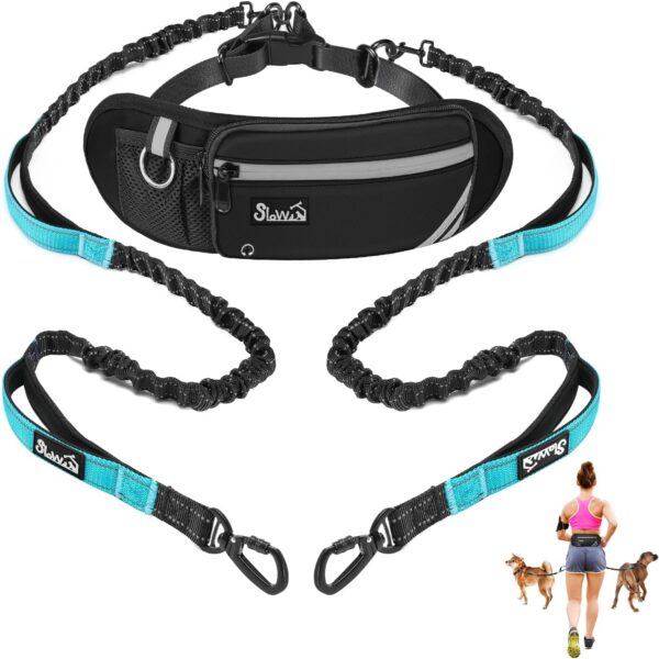 Hands Free Dog Leash for 2 Dogs, Adjustable Waist Belt with Zipper Pouch, Dual Handle Retractable Elastic Bungee with Reflective Stitches for Medium and Large Dogs Training Running