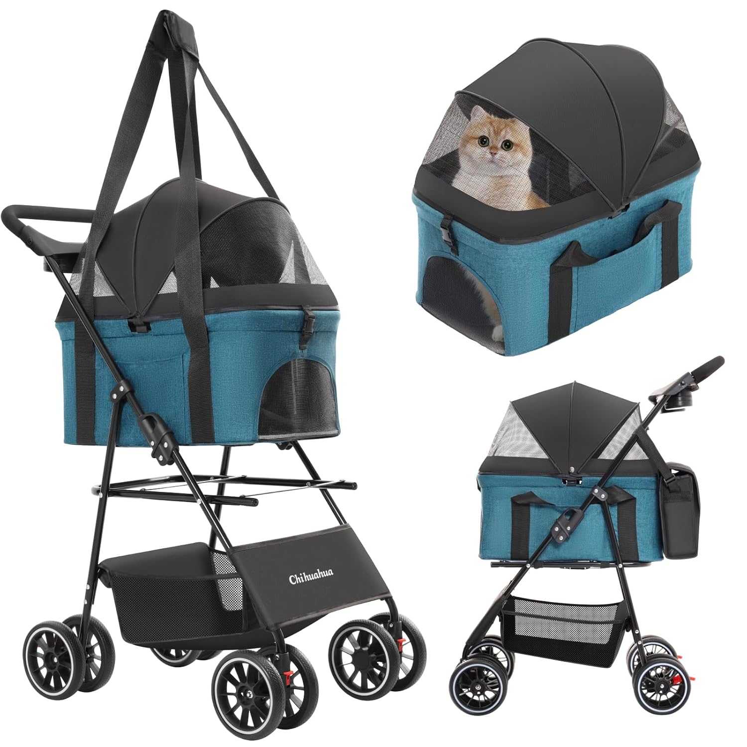 2-in-1 Foldable Pet Stroller with Canopy, 4 Wheels Pet Strolling Cart for Small/Medium Dogs and Cats with Removable Carrier,Breathable Mesh,Mom Tote Bag,Cup Holders,Easy Assembly,Black+Green 2-in-1 Foldable Pet Stroller with Canopy, 4 Wheels Pet Strolling Cart for Small/Medium Dogs and Cats with Removable Carrier,Breathable Mesh,Mom Tote Bag,Cup Holders,Easy Assembly,Black+Green