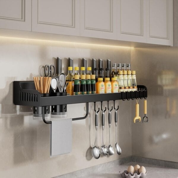 Kitchen Utensil Rack Wall Mounted Spice Rack with Hooks Wall Mount, Stainless Steel, Hanging Storage Wall Shelf for Spatula Spoon, 23.7in Seasoning Jar Organizer (Black)